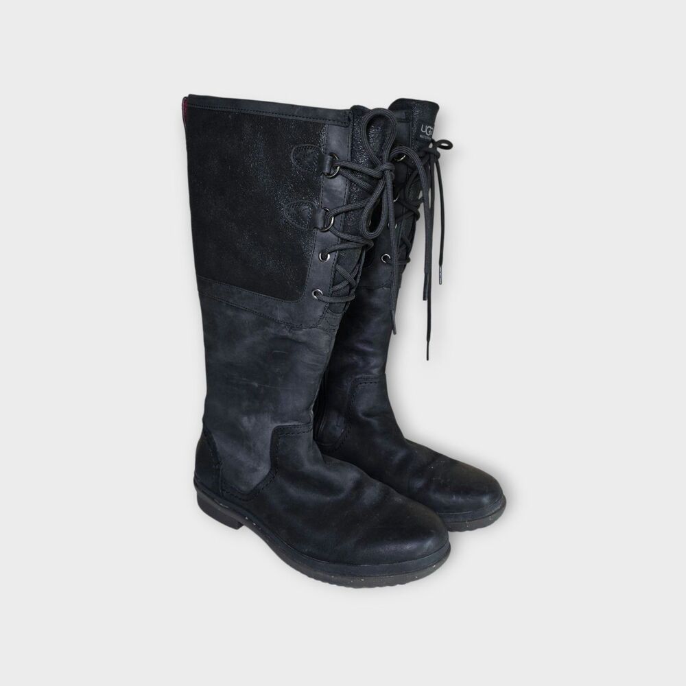 UGG Australia Elsa Tall Waterproof Boots Women's Size 10 Black Leather Lace Up